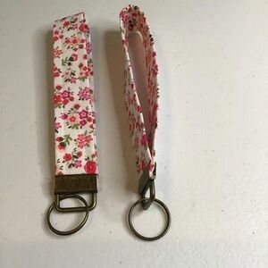 Keychain Wristlet Pink floral on white with antique brass hardware HANDMADE New